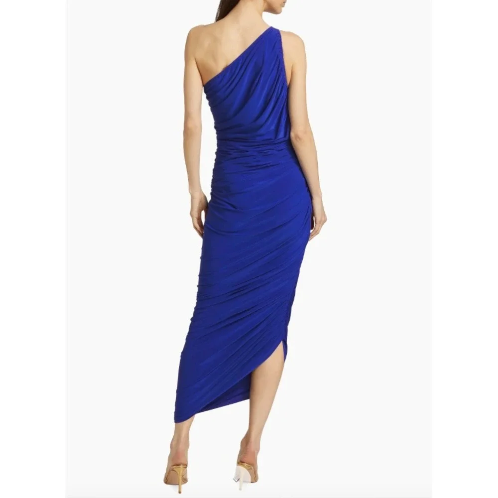 Norma Kamali Diana Ruched Asymmetrical One-Shoulder Midi-Dress Blue XS EUC‎